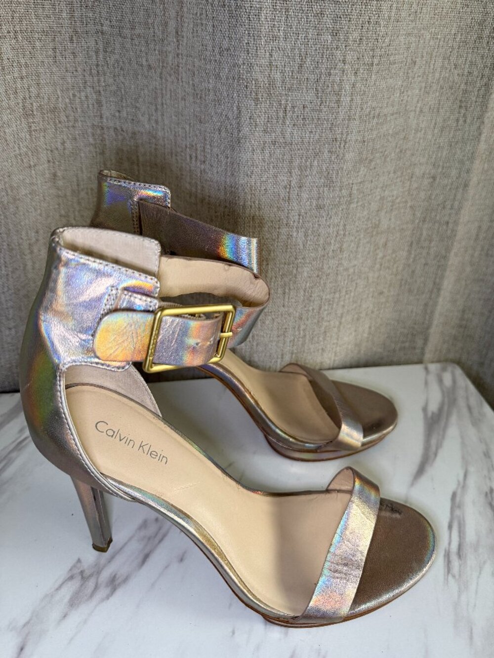 Calvin Klein Vivian Hologram Iridescent Ankle Strap Heels Size 8.5